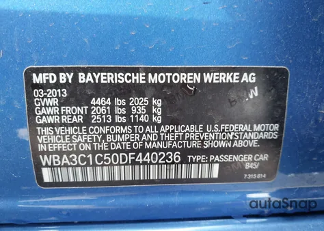 2013 BMW 328I from USA, damaged, VIN WBA3C1C50DF440236